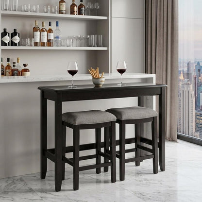 Set of Two 27" Light Gray and Dark Brown Solid Wood Backless Bar Chairs with Table