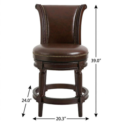 25" Dark Brown Faux Leather And Solid Wood Counter Height Swivel Bar Chair