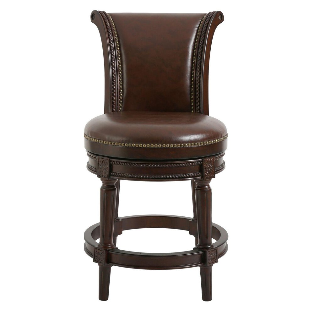 25" Dark Brown Faux Leather And Solid Wood Counter Height Swivel Bar Chair