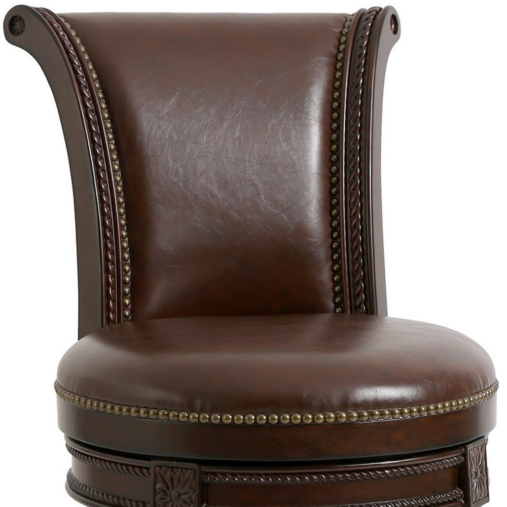 25" Dark Brown Faux Leather And Solid Wood Counter Height Swivel Bar Chair