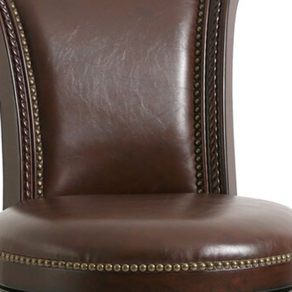 25" Walnut And Dark Brown Faux Leather And Solid Wood Bar Height Swivel Bar Chair