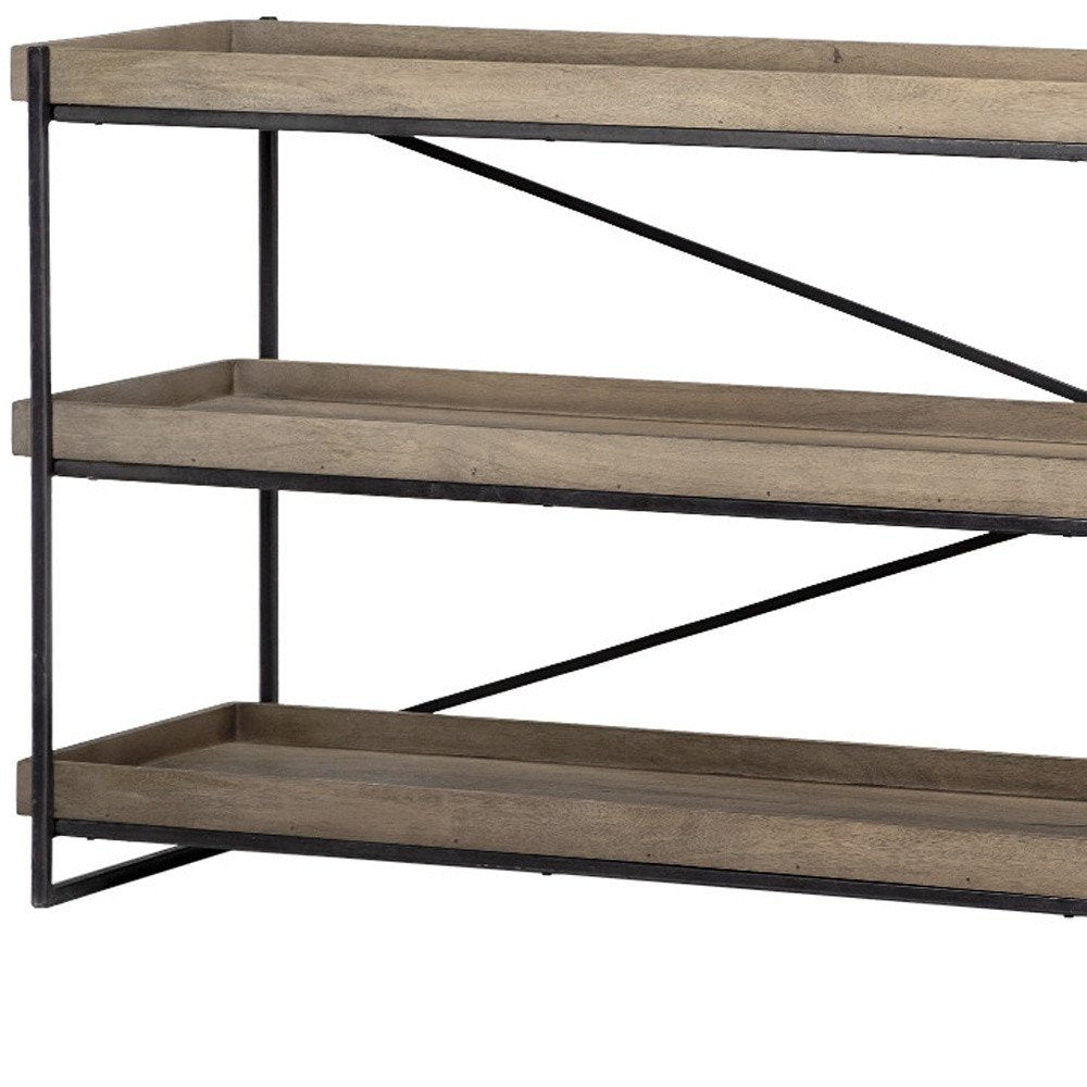 80" Light Brown and Black Solid Wood and Iron Console Table With Two Shelves