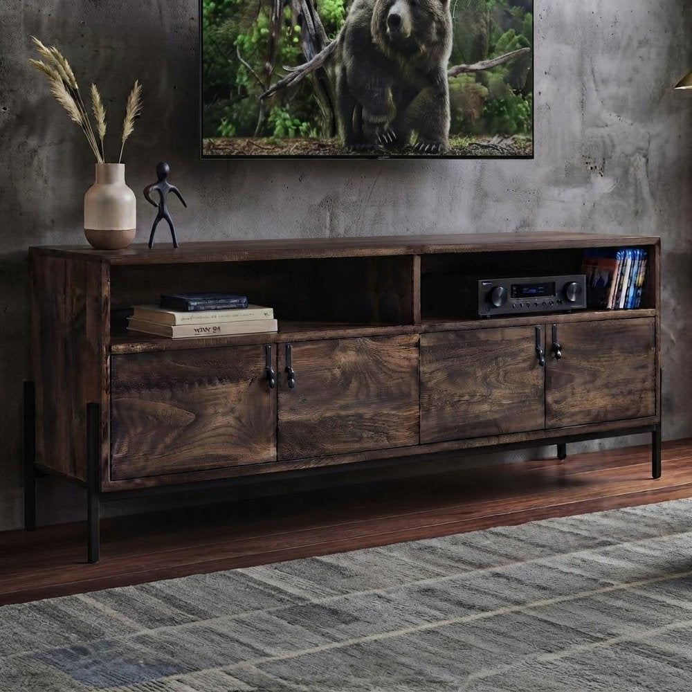 62" Brown and Black Solid Wood Cabinet Enclosed Storage TV Stand