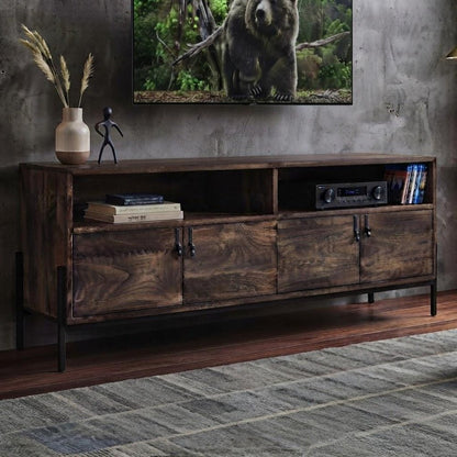 62" Brown and Black Solid Wood Cabinet Enclosed Storage TV Stand