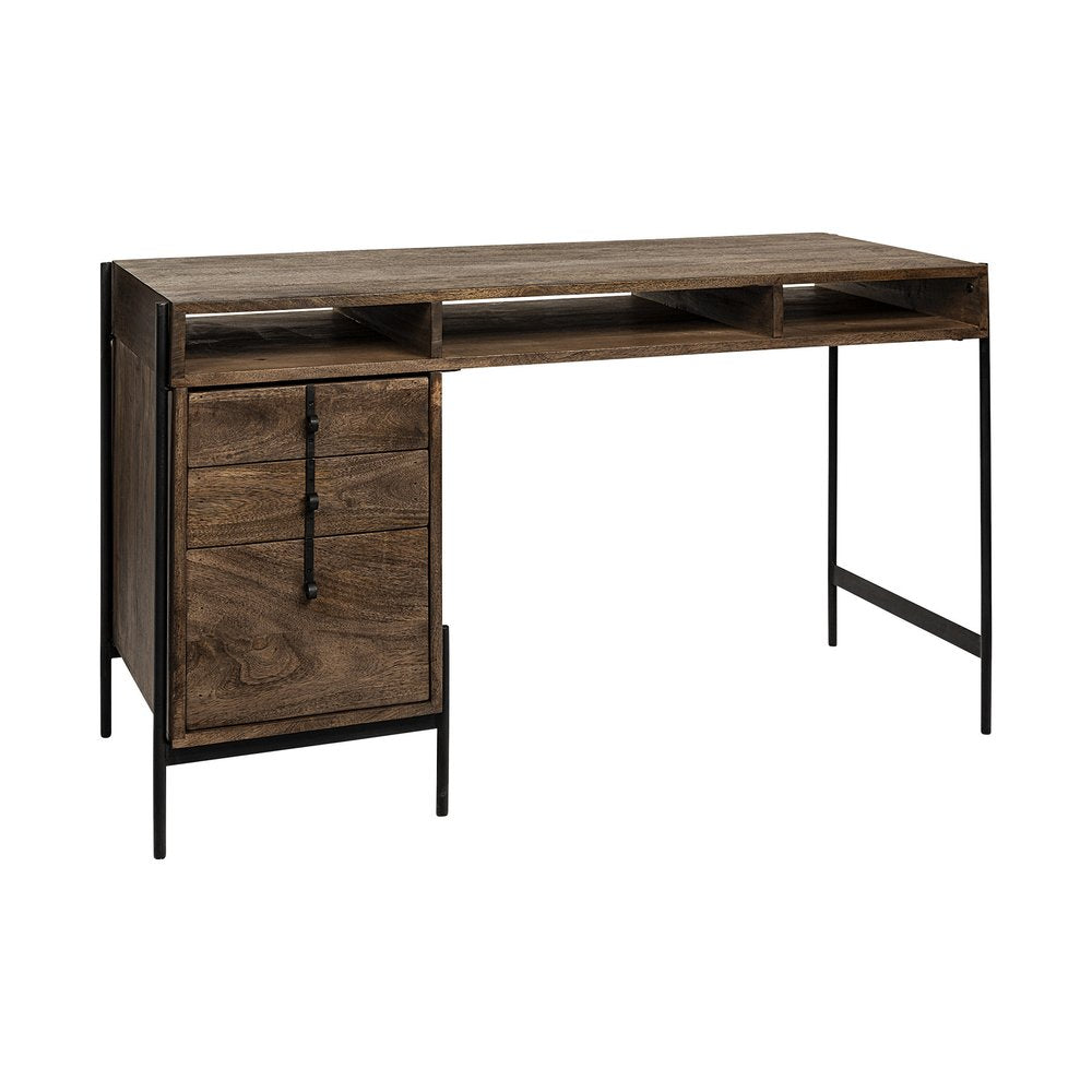 56" Medium Brown Wooden Writing Desk With 3 Drawers And 3 Open Shelves