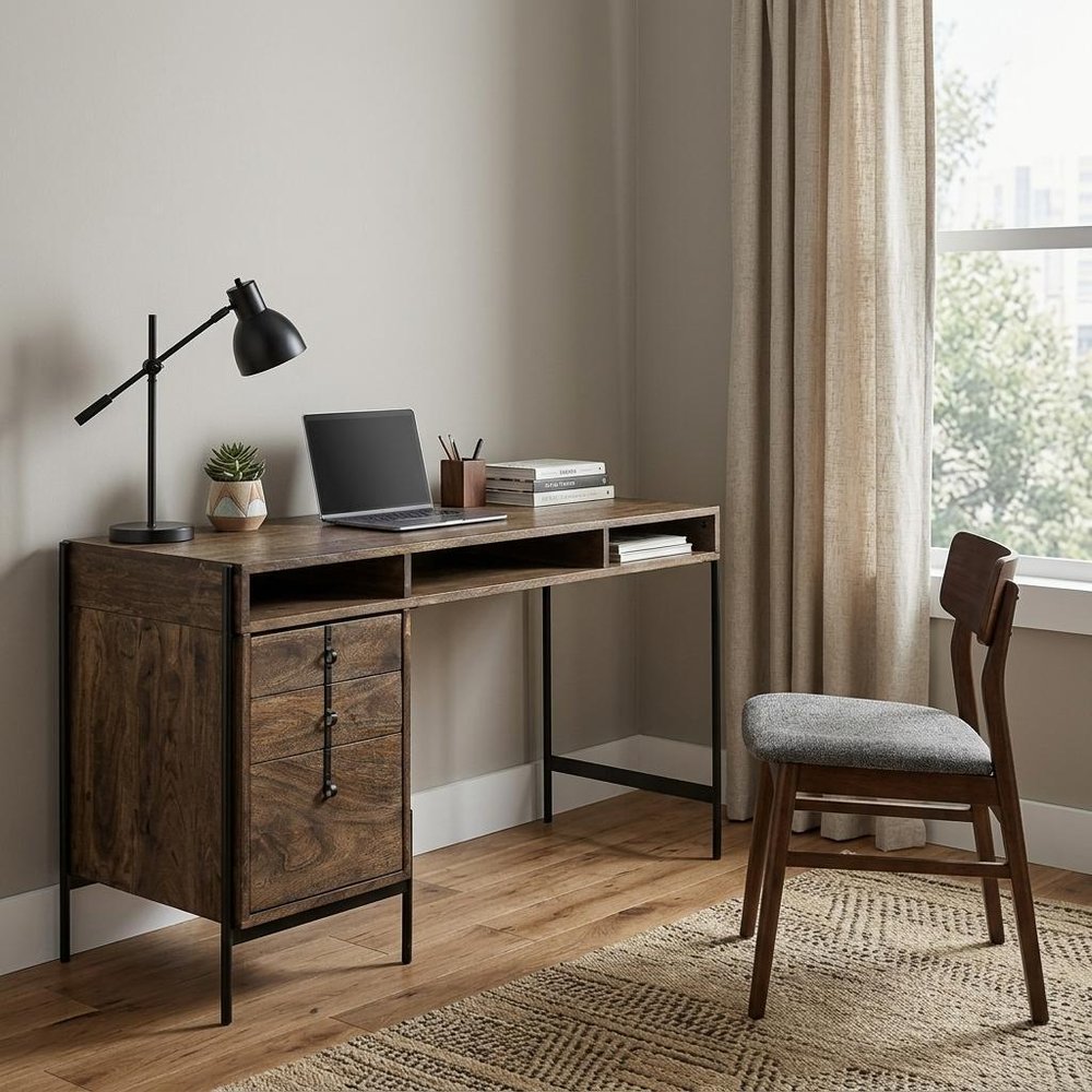 56" Medium Brown Wooden Writing Desk With 3 Drawers And 3 Open Shelves