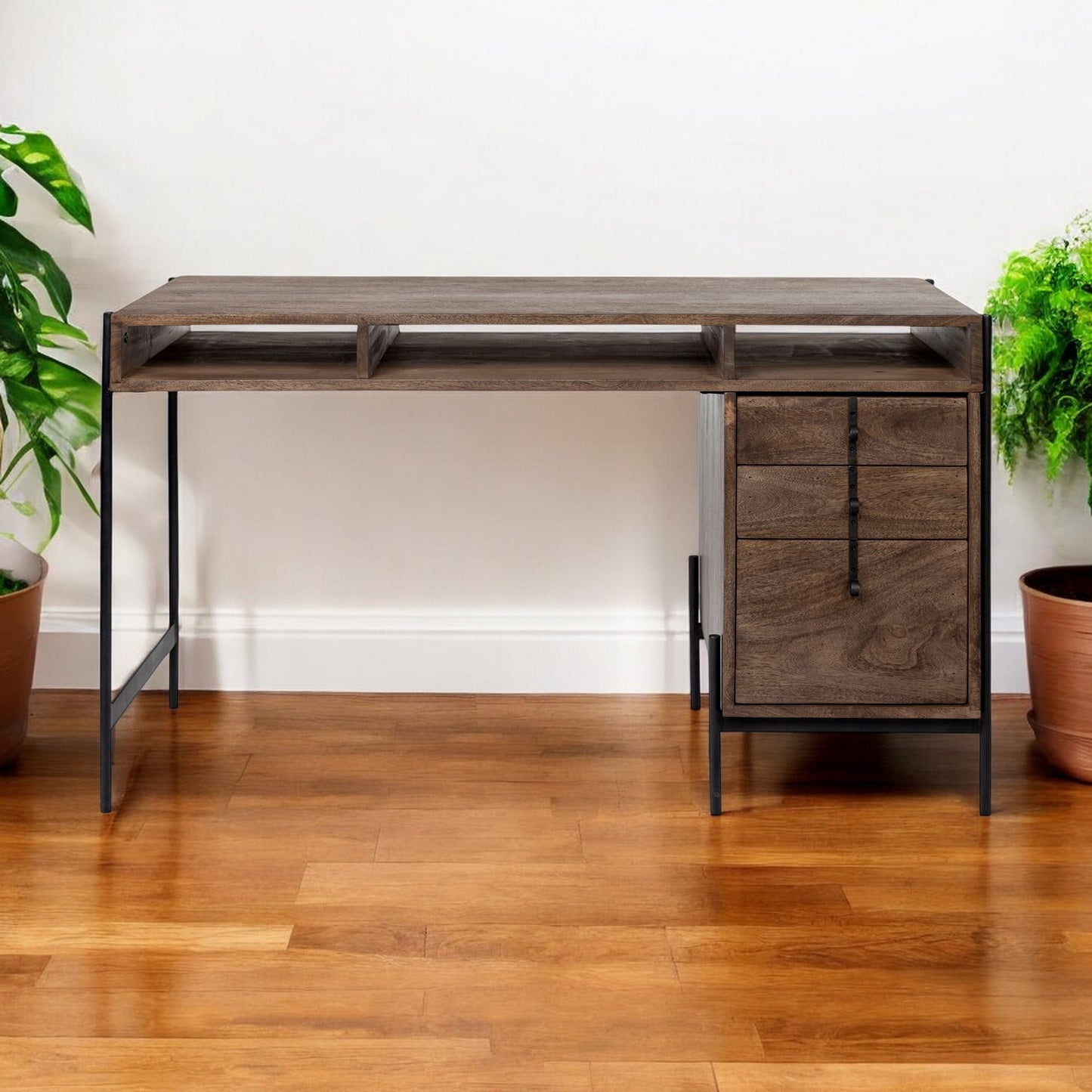 Medium Brown Wooden Writing Desk With 3 Drawers And 3 Open Shelves