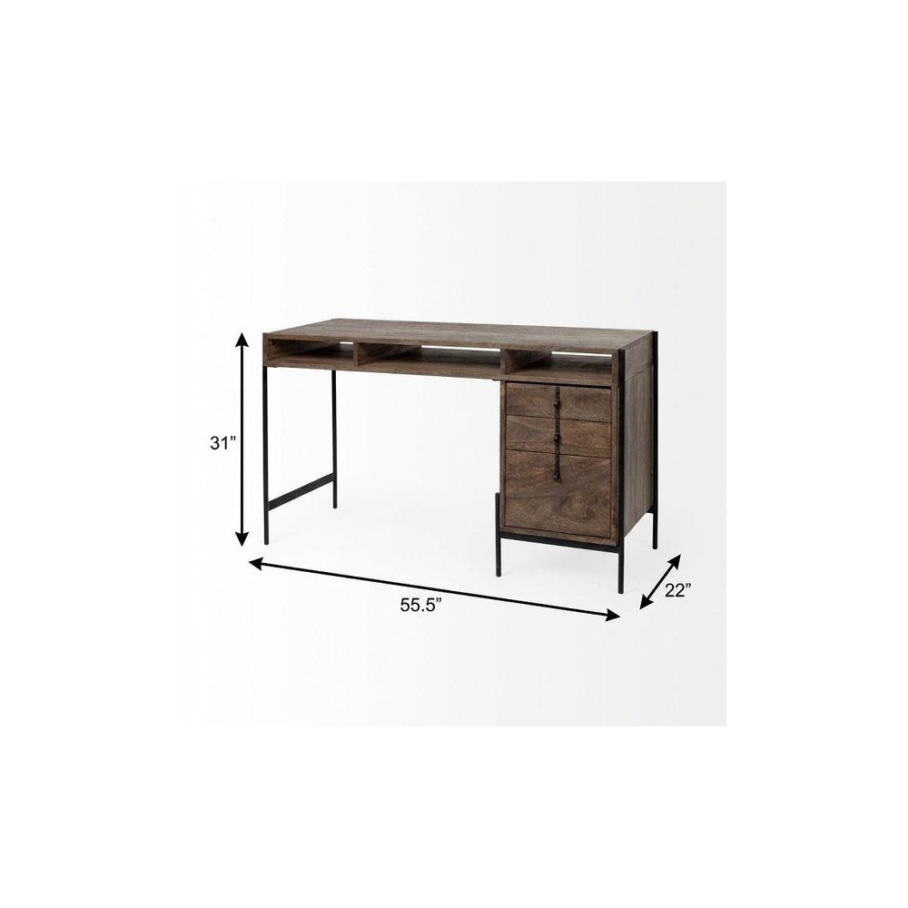 56" Medium Brown Wooden Writing Desk With 3 Drawers And 3 Open Shelves