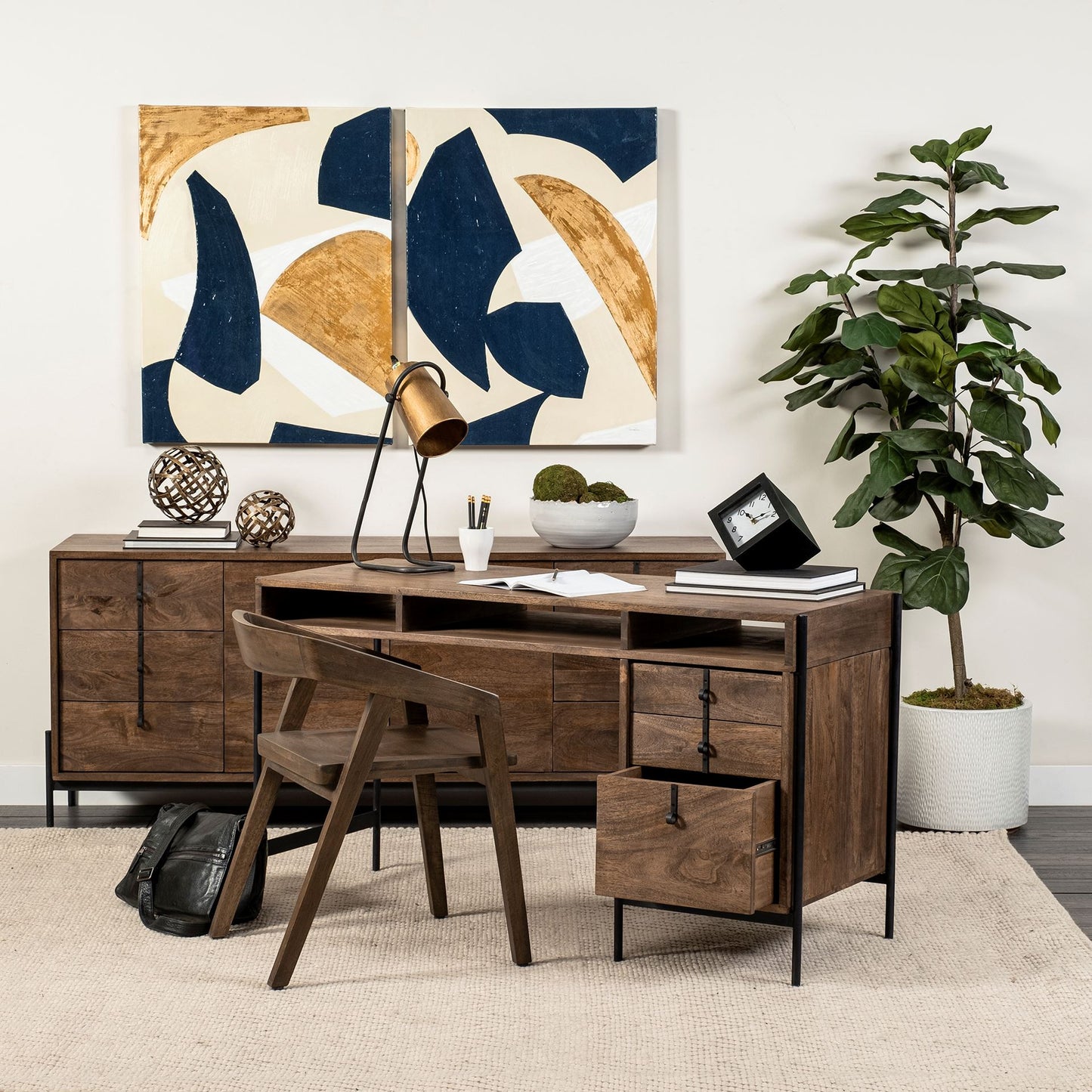 Medium Brown Wooden Writing Desk With 3 Drawers And 3 Open Shelves