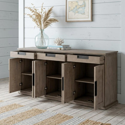 82" Brown Solid Wood Three Drawer Sideboard with Six Doors