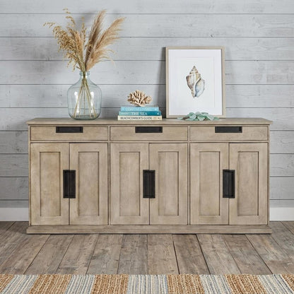 82" Brown Solid Wood Three Drawer Sideboard with Six Doors