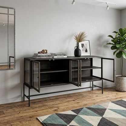 70" Black Solid Wood Sideboard with Four Glass Doors