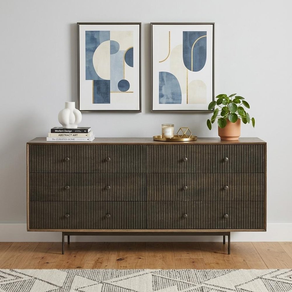 70" Brown and Black Solid Wood Six Drawer Sideboard