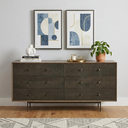 70" Brown and Black Solid Wood Six Drawer Sideboard