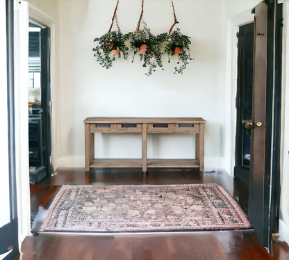 72" Brown Solid Wood Floor Shelf Console Table And Drawers