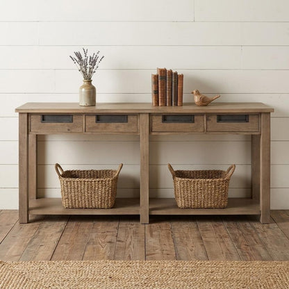 72" Brown Solid Wood Floor Shelf Console Table And Drawers