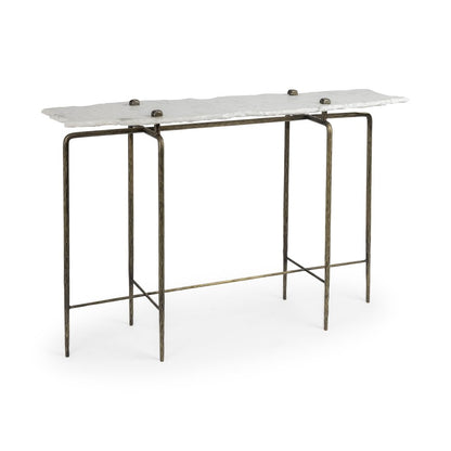 49" White and Brass Genuine Marble and Iron Distressed Six Leg Console Table