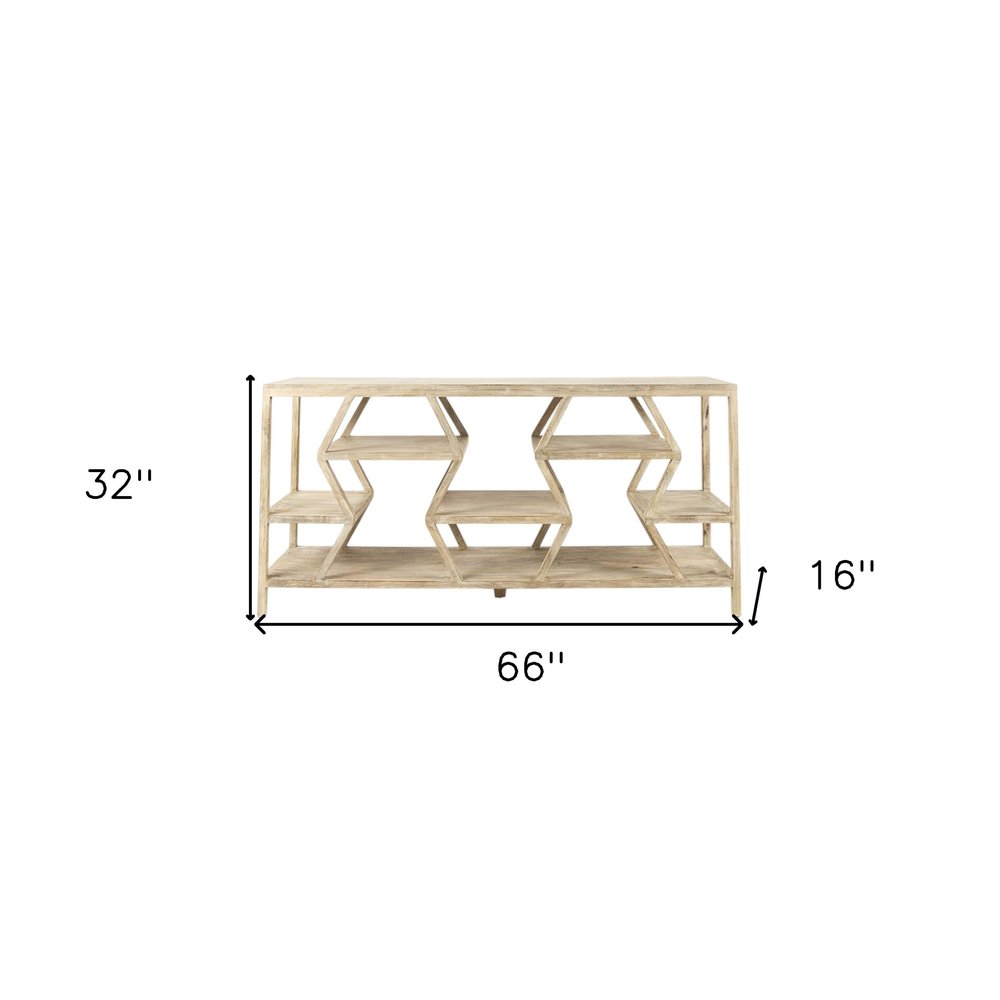 66" Light Brown Solid Wood Console Table Geometric Shelves