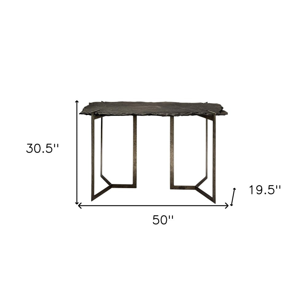 50" Black and Nickel Slate and Iron Distressed Double Pedestal Console Table