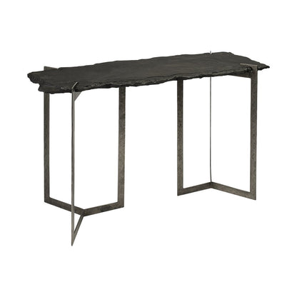 50" Black and Nickel Slate and Iron Distressed Double Pedestal Console Table