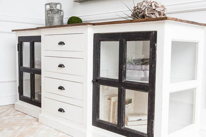 75" Brown and White Solid Wood Four Drawer Sideboard with Two Glass Doors