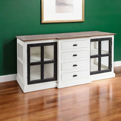 75" Brown and White Solid Wood Four Drawer Sideboard with Two Glass Doors