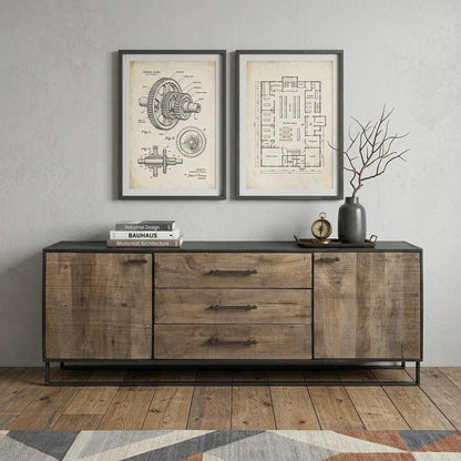 82" Brown and Black Solid Wood Three Drawer Sideboard with Two Doors