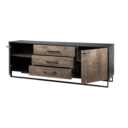 82" Brown and Black Solid Wood Three Drawer Sideboard with Two Doors