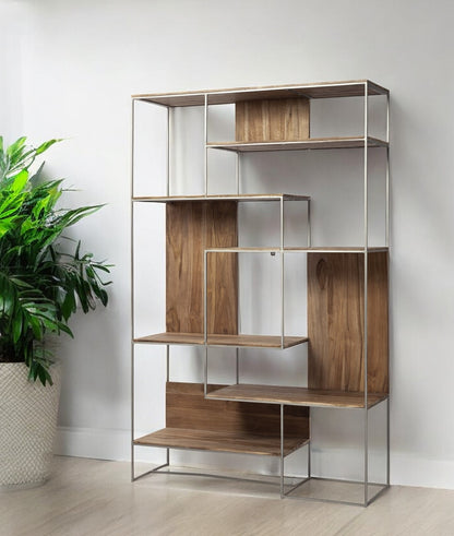 Brown Wood And Silver Metal Frame With 6 Shelf Shelving Unit