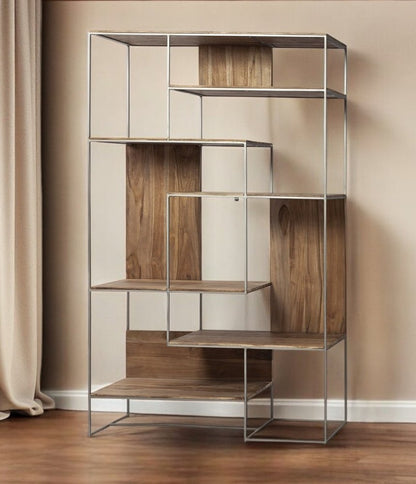 75" Brown And Silver Metal and Wood Six Tier Bookcase