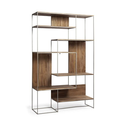 75" Brown And Silver Metal and Wood Six Tier Bookcase