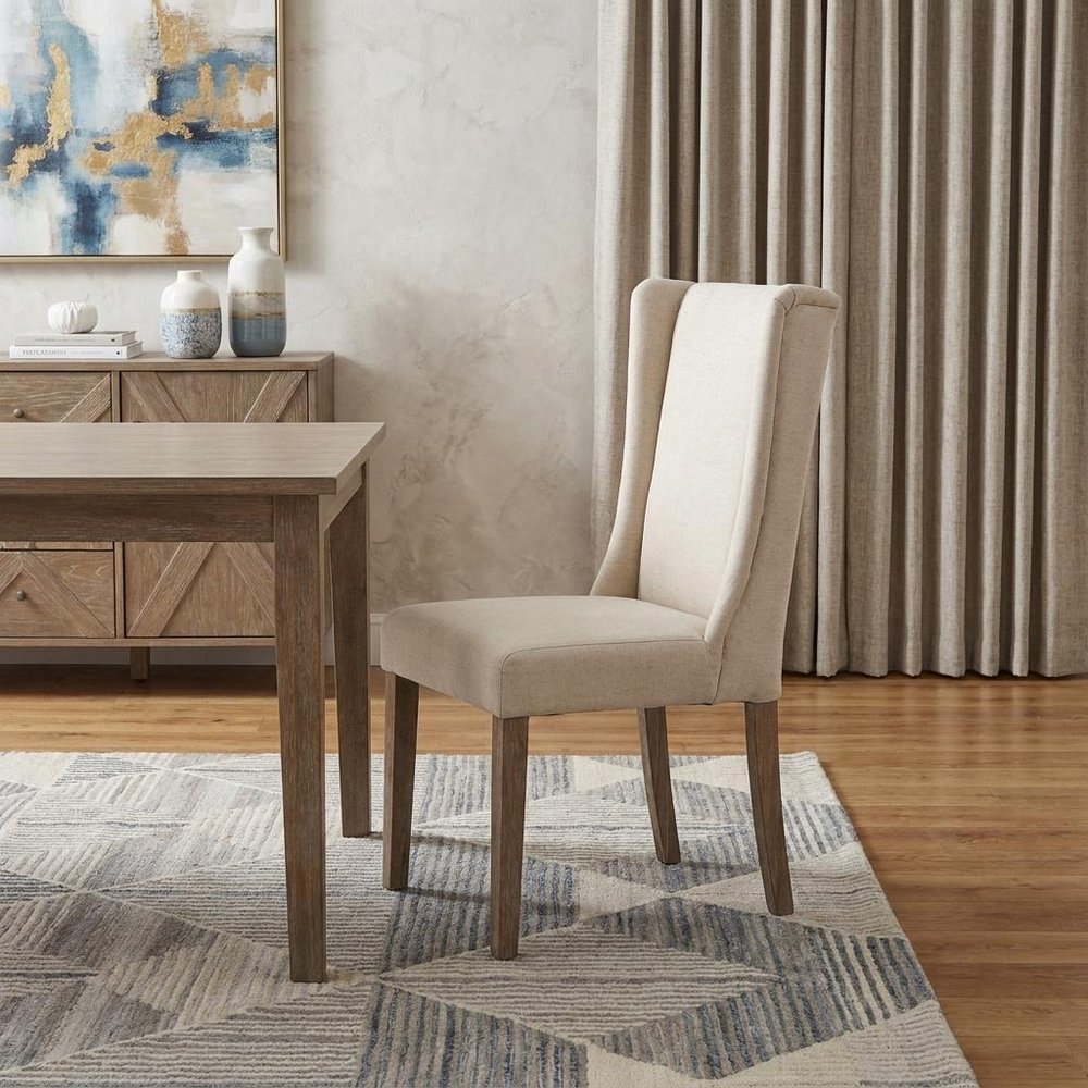 Tufted Cream and Brown Upholstered Linen Wing Back Dining Side Chair