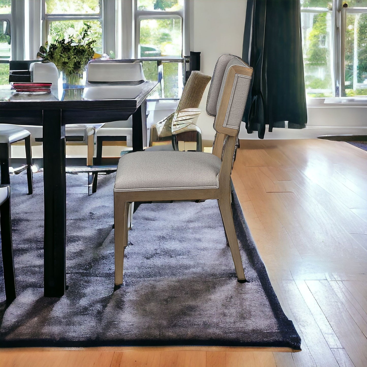 Set Of Two Light Gray And Brown Upholstered Fabric Open Back Side Chairs