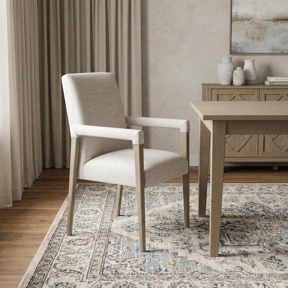 Cream and Brown Upholstered Fabric King Louis Back Dining Arm Chair