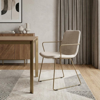 Cream and Gold Upholstered Fabric Dining Arm Chair