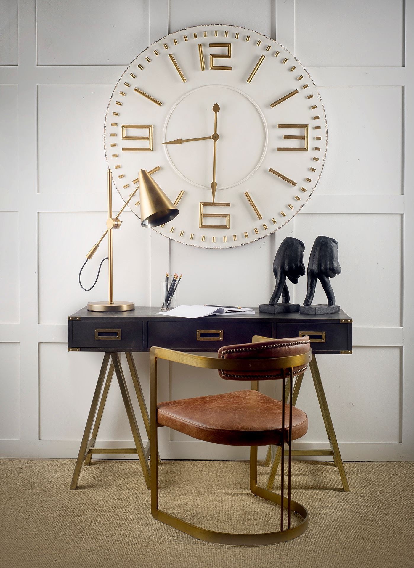 Brown And Gold Upholstered Leather Open Back Dining Arm Chair