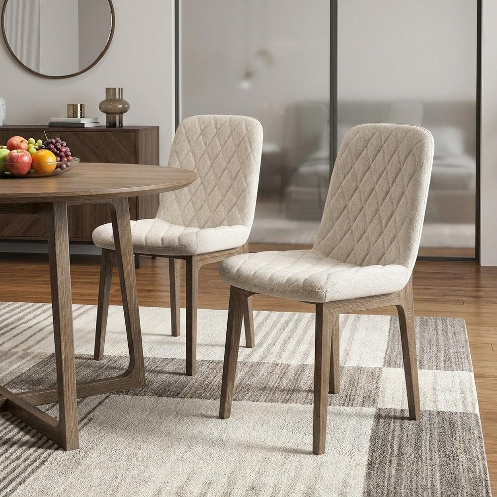 Set of Two Cream and Brown Fabric Dining Side Chairs