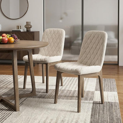 Set of Two Cream and Brown Fabric Dining Side Chairs