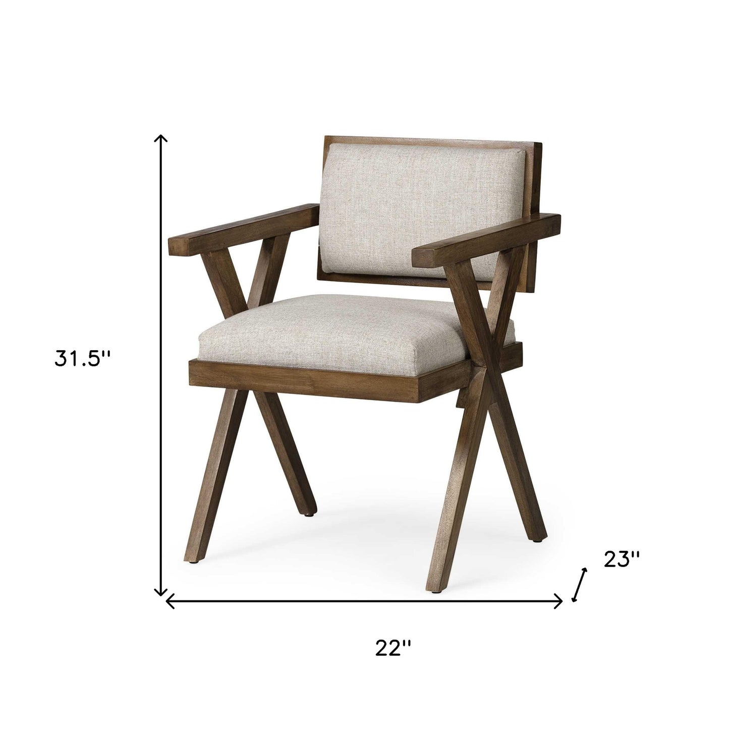 Cream And Brown Upholstered Fabric Open Back Dining Arm Chair