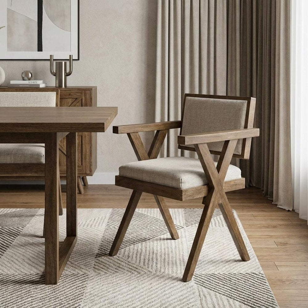 Cream And Brown Upholstered Fabric Open Back Dining Arm Chair