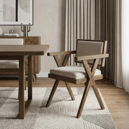 Cream And Brown Upholstered Fabric Open Back Dining Arm Chair