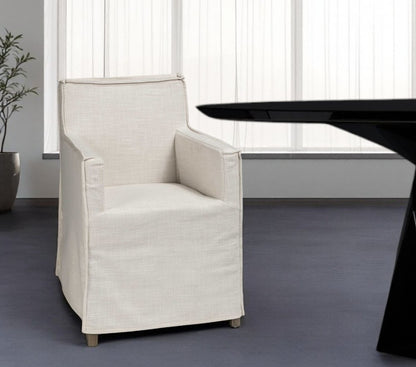 Cream and Brown Slipcovered Upholstered Fabric Dining Arm Chair