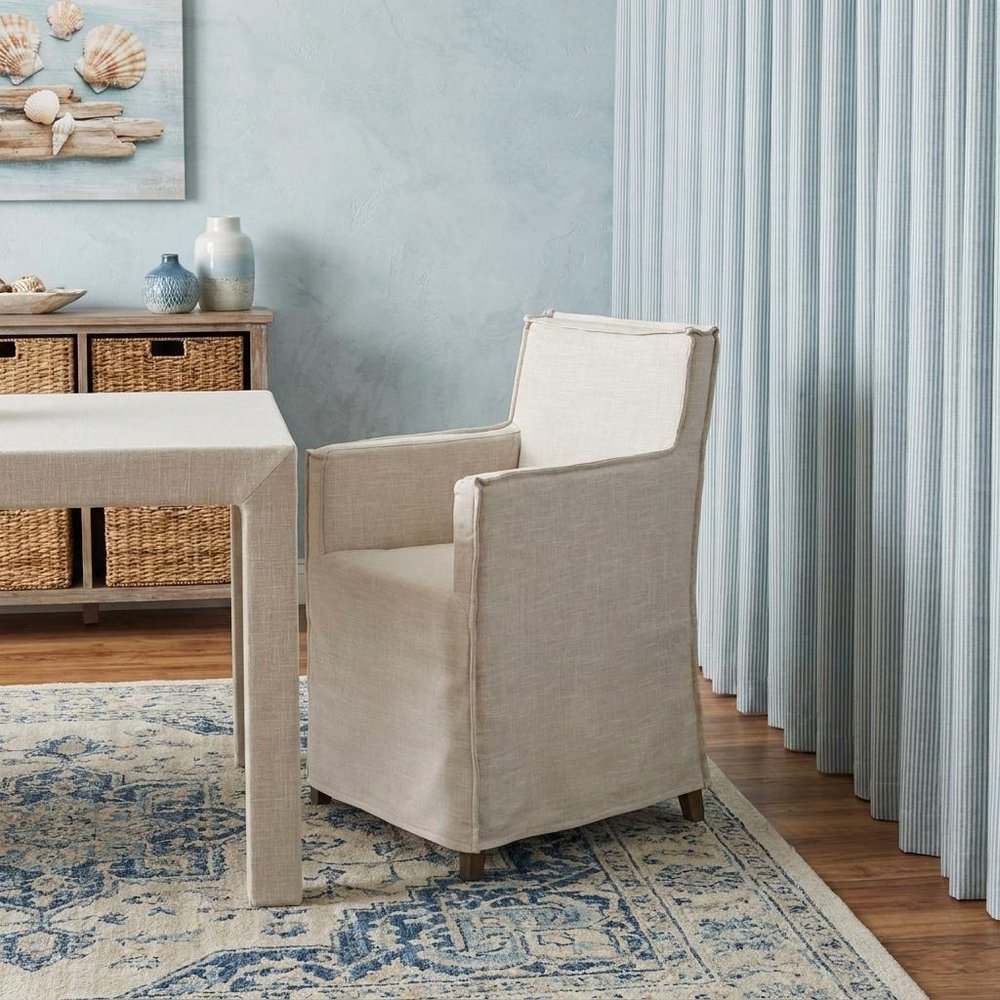 Cream and Brown Slipcovered Upholstered Fabric Dining Arm Chair