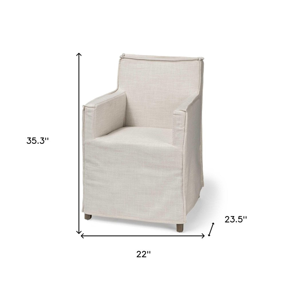 Cream and Brown Slipcovered Upholstered Fabric Dining Arm Chair