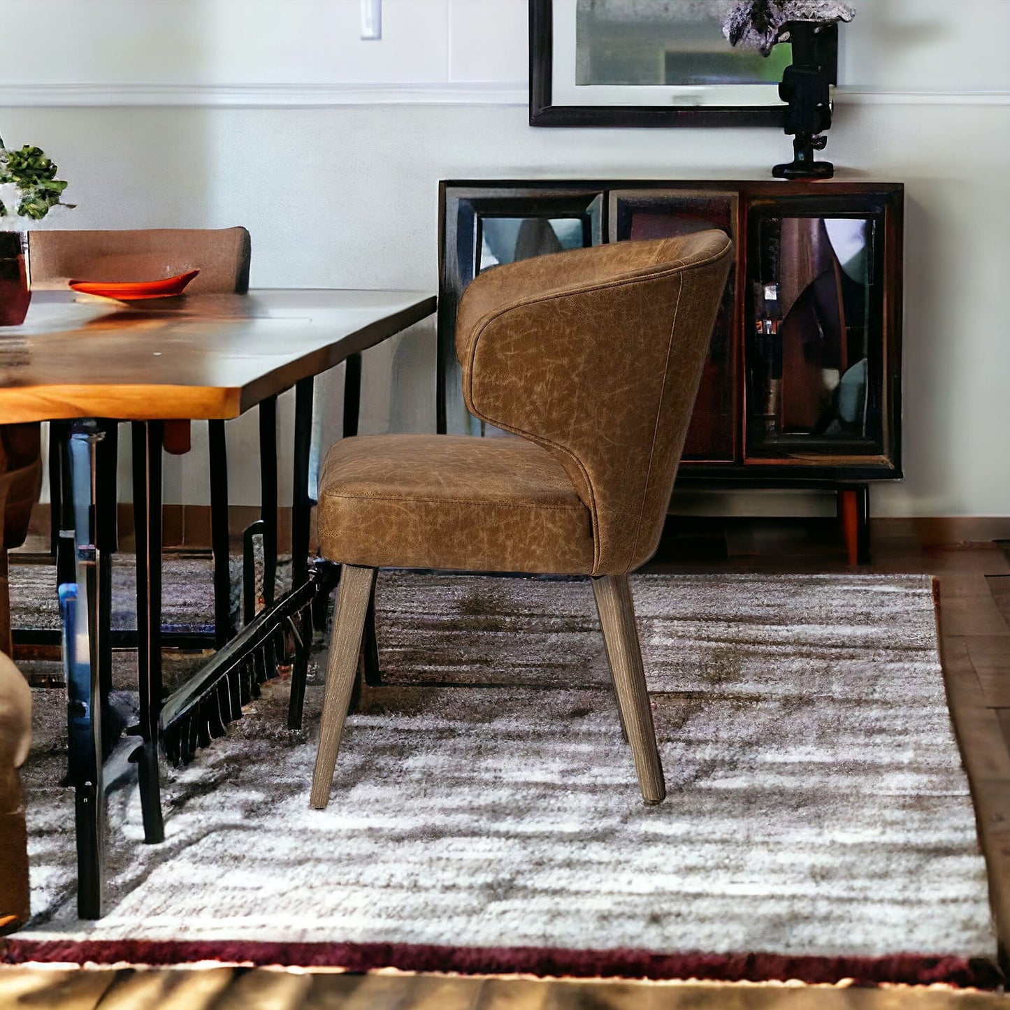 Brown Upholstered Leather Curved Back Dining Arm Chair