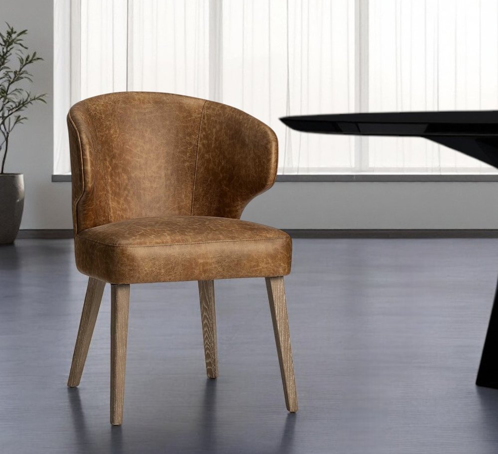 Brown Upholstered Leather Curved Back Dining Arm Chair