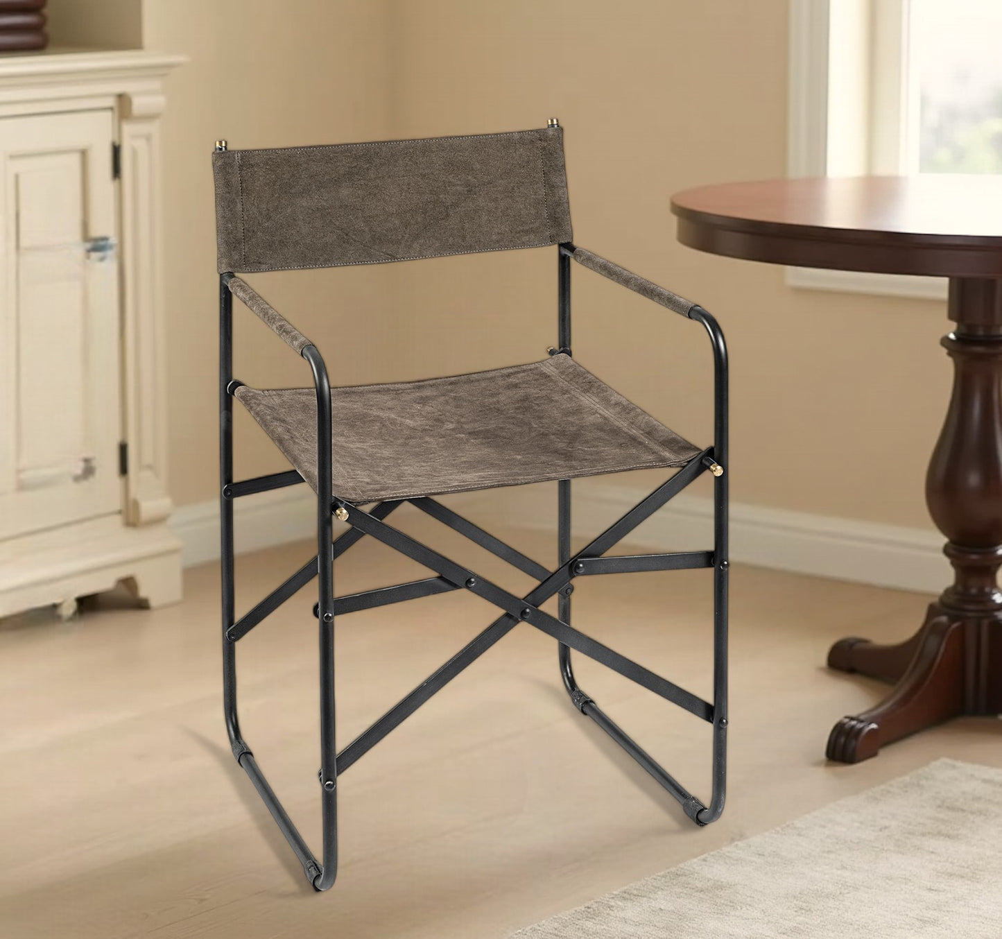 Brown And Black Leather Metal Open Back Dining Arm Chair