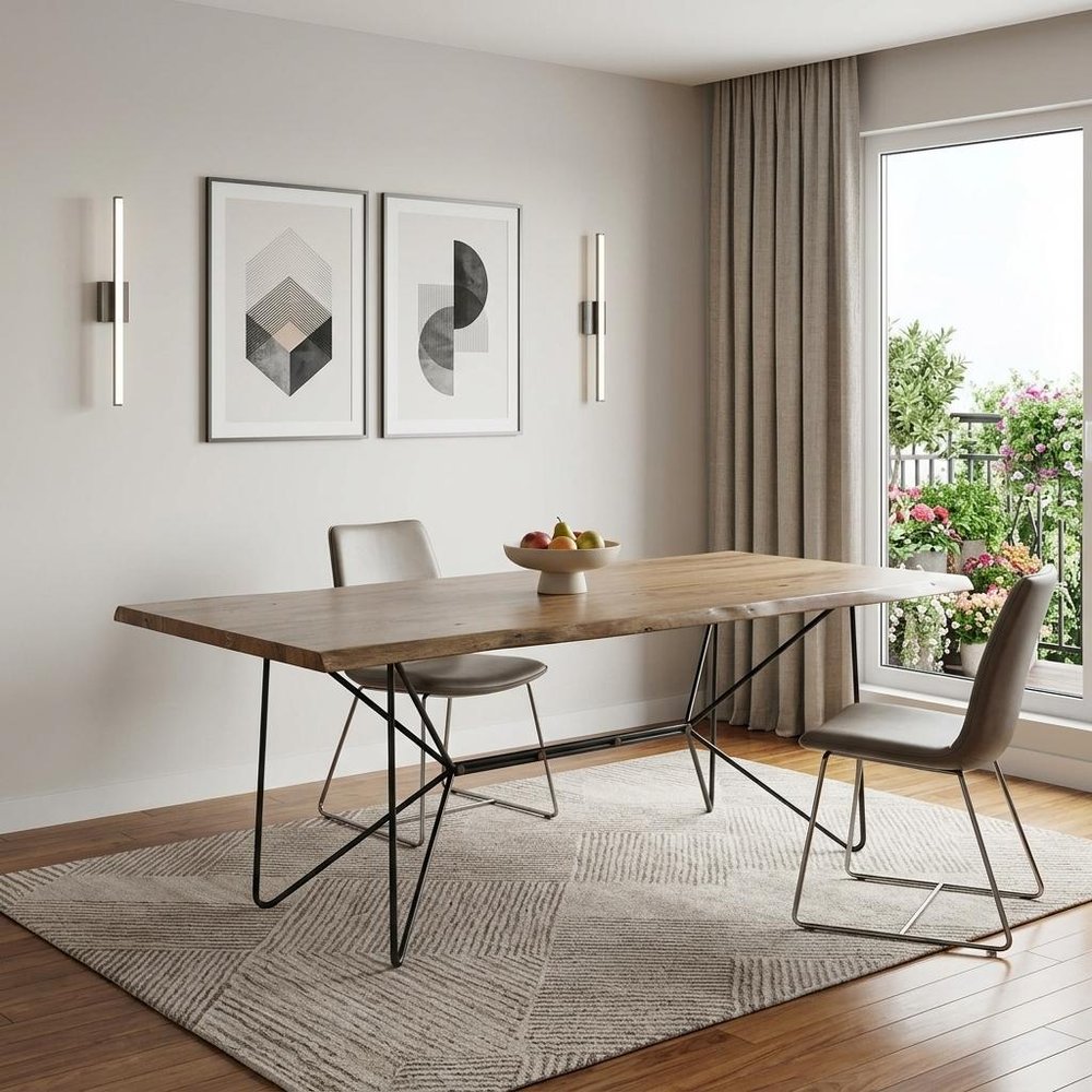 84" Brown And Black Solid Wood And Iron Trestle Base Dining Table