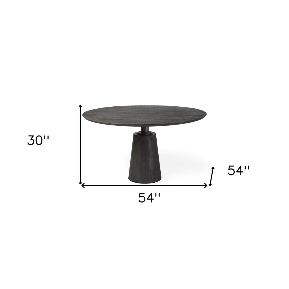 54" Dark Brown Solid Wood And Iron Pedestal Base Round Top Dining Table