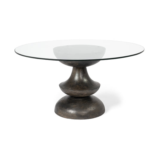 60" Clear And Brown Rounded Glass And Solid Manufactured Wood Pedestal Base Dining Table